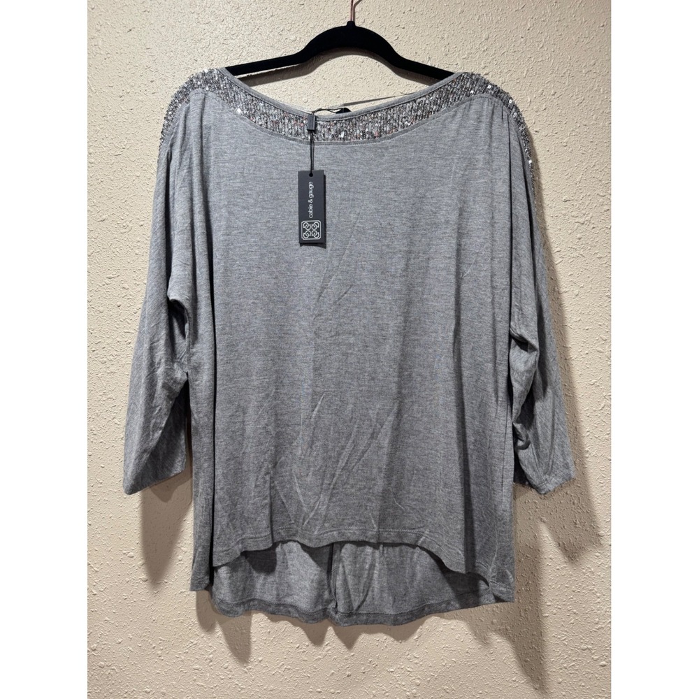 Cable & Gauge Grey Sequin‎ Trim Boat Neck 3/4 Sleeve Knit Top NWT Large